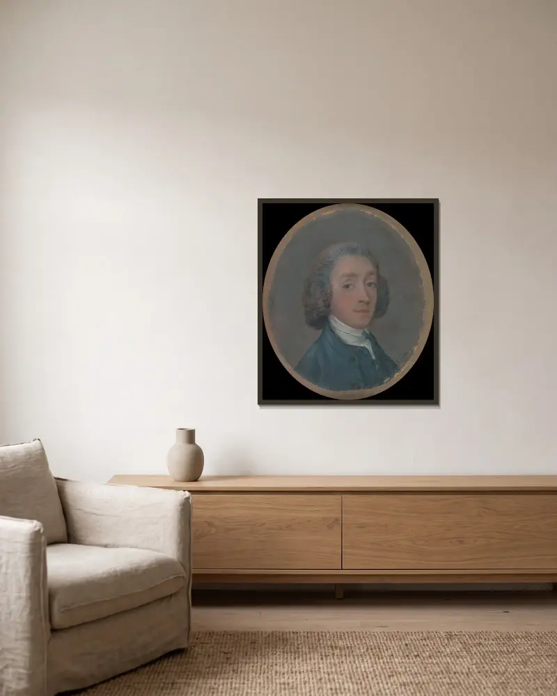 Porträtt av en ung man med pudrat hår av Thomas Gainsborough inramad på en vägg
