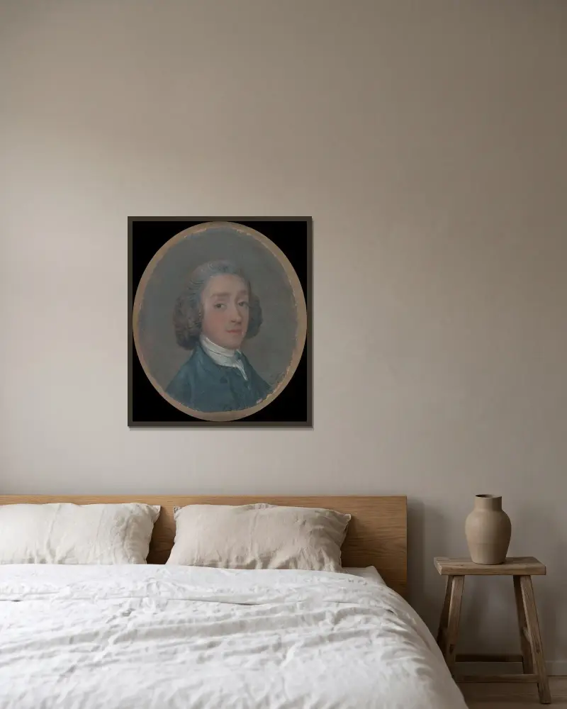 Porträtt av en ung man med pudrat hår av Thomas Gainsborough inramad på en vägg