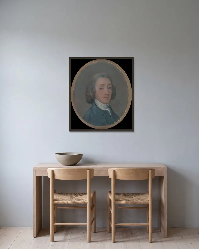 Porträtt av en ung man med pudrat hår av Thomas Gainsborough inramad på en vägg