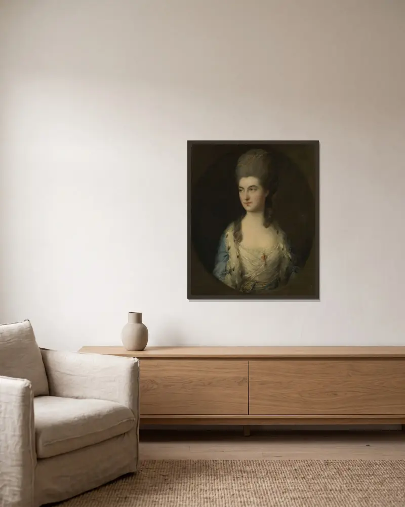Porträtt av en ung kvinna, kallad Miss Sparrow av Thomas Gainsborough inramad på en vägg