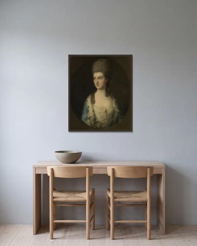 Porträtt av en ung kvinna, kallad Miss Sparrow av Thomas Gainsborough inramad på en vägg