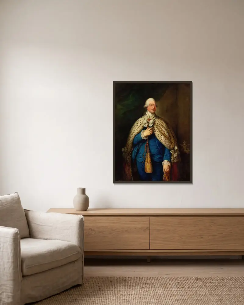 Porträtt av Georg III av Storbritannien i parlamentsdräkt av Thomas Gainsborough inramad på en vägg