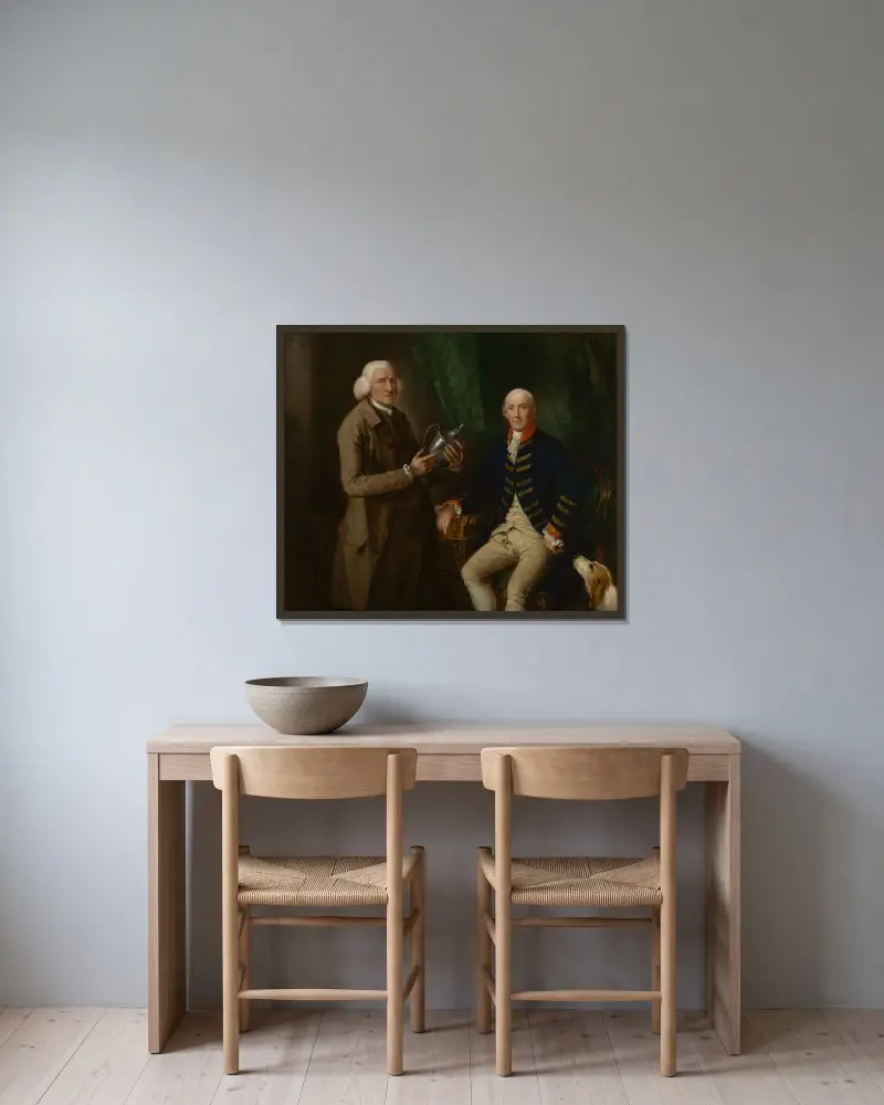 Portrait of William Anne Hollis, 4th Earl of Essex, Presenting a Cup to Thomas Clutterbuck of Watfor… av Thomas Gainsborough inramad på en vägg