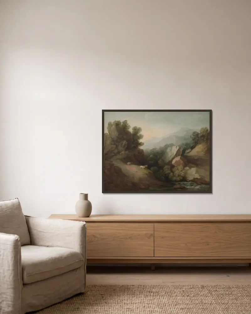 Rocky, Wooded Landscape with a Dell and Weir av Thomas Gainsborough inramad på en vägg