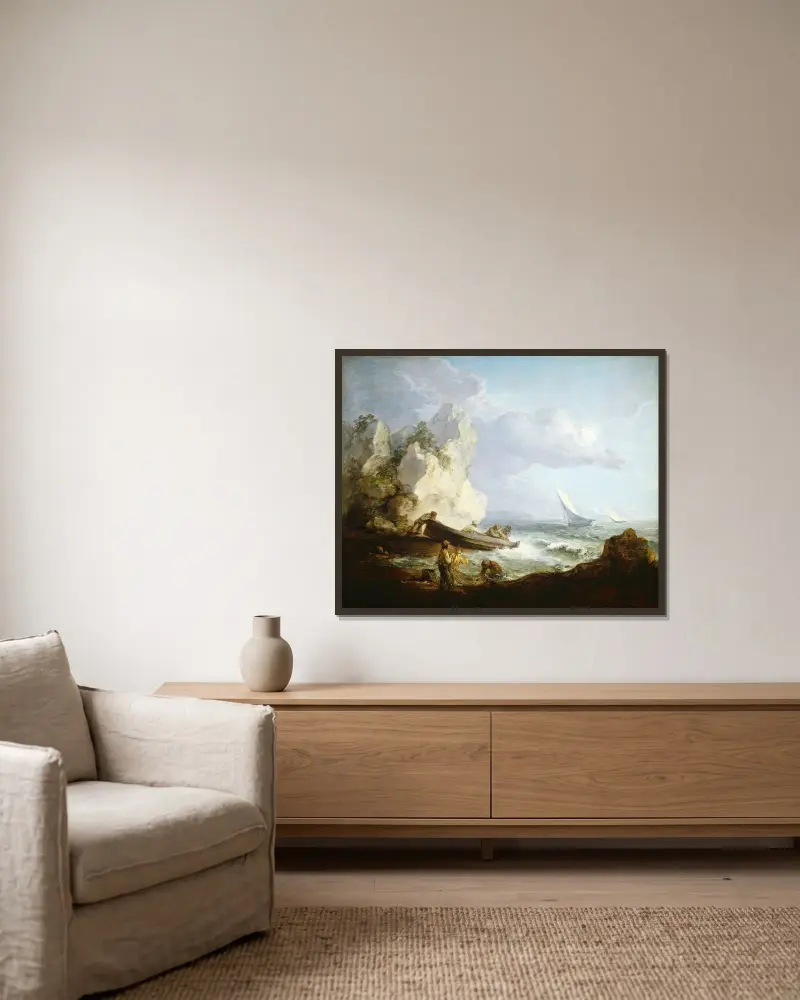 Seashore with Fishermen av Thomas Gainsborough inramad på en vägg