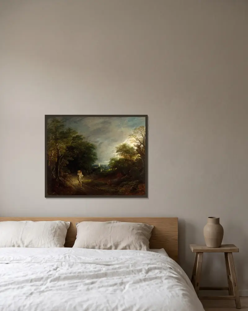 Wooded Landscape with a Woodcutter av Thomas Gainsborough inramad på en vägg