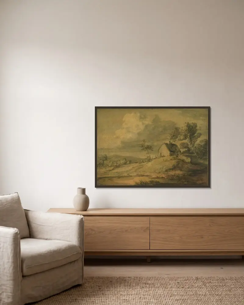 Skogslandskap med stuga, kor och får av Thomas Gainsborough inramad på en vägg