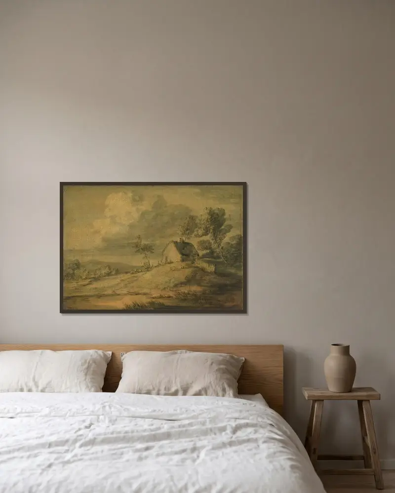 Skogslandskap med stuga, kor och får av Thomas Gainsborough inramad på en vägg