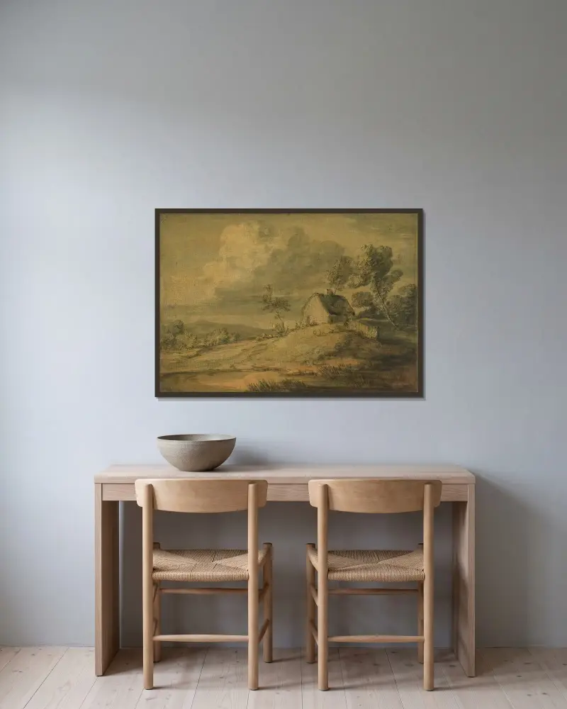 Skogslandskap med stuga, kor och får av Thomas Gainsborough inramad på en vägg