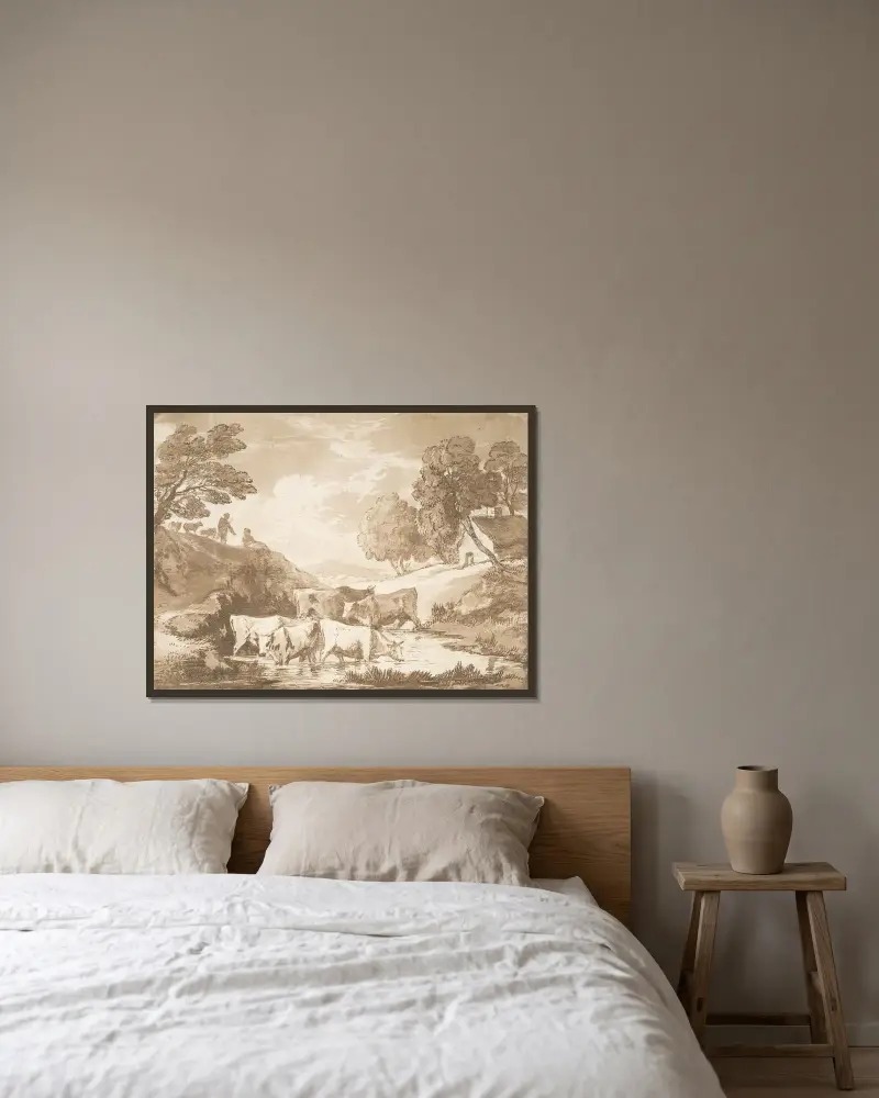 Skogslandskap med kor vid ett vattenställe, figurer och stuga av Thomas Gainsborough inramad på en vägg