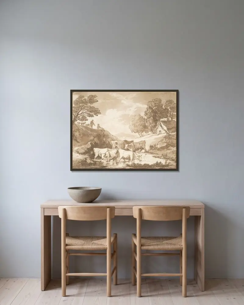Skogslandskap med kor vid ett vattenställe, figurer och stuga av Thomas Gainsborough inramad på en vägg