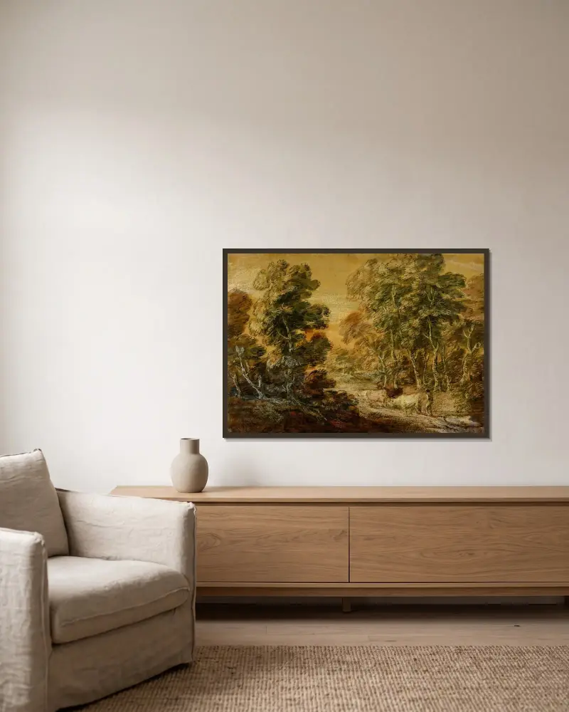 Wooded Landscape with Herdsman and Cattle av Thomas Gainsborough inramad på en vägg