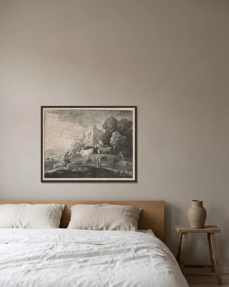 Skogslandskap med herdar som driver boskap av Thomas Gainsborough inramad på en vägg