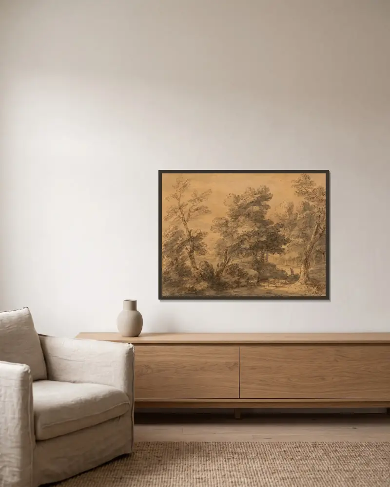 Skogslandskap med herde och får av Thomas Gainsborough inramad på en vägg