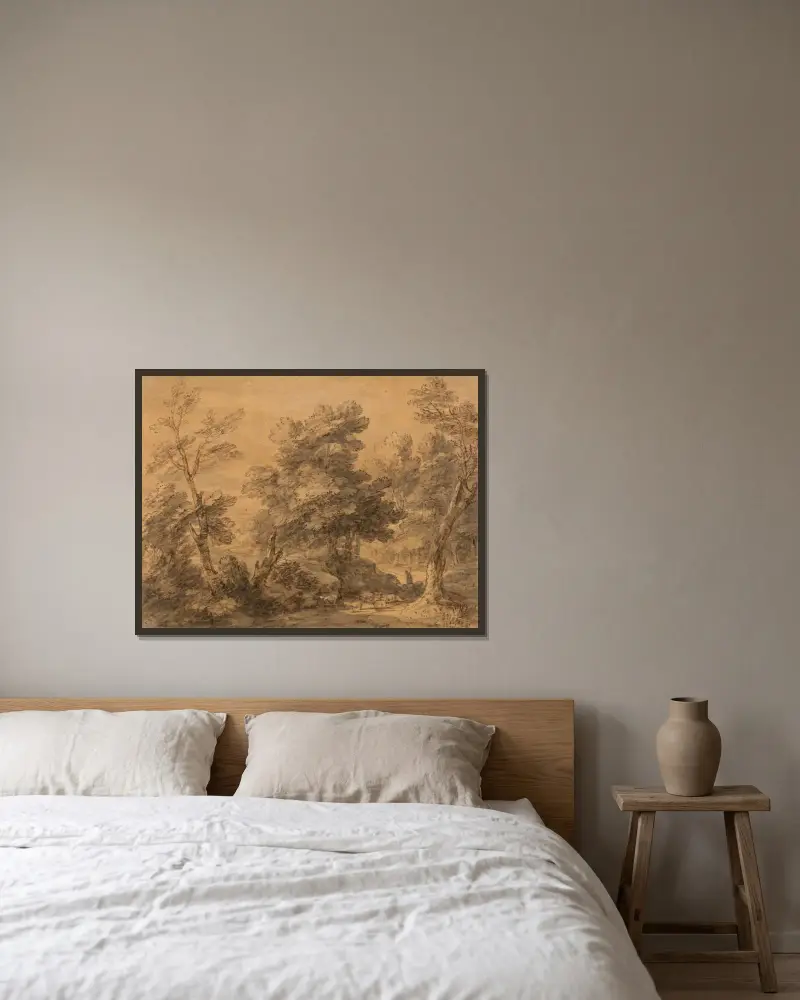 Skogslandskap med herde och får av Thomas Gainsborough inramad på en vägg