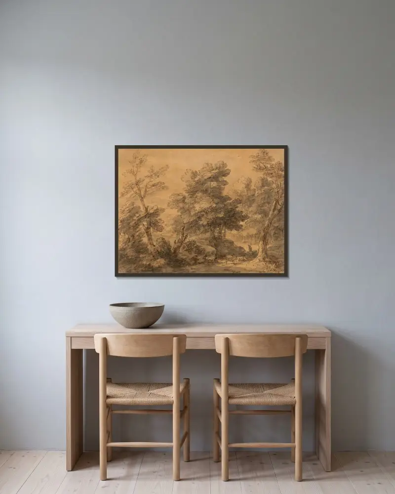 Skogslandskap med herde och får av Thomas Gainsborough inramad på en vägg