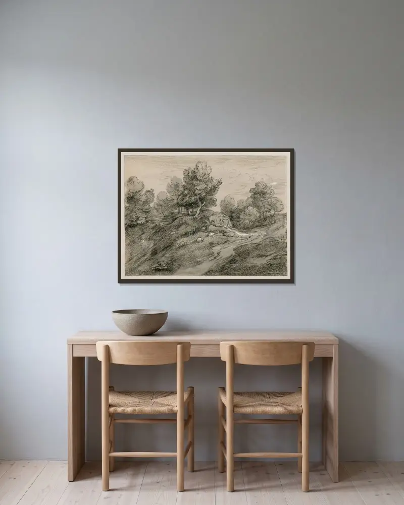 Skogsbeklätt höglandskap med herde, får och en landsväg som slingrar sig runt en kulle av Thomas Gainsborough inramad på en vägg