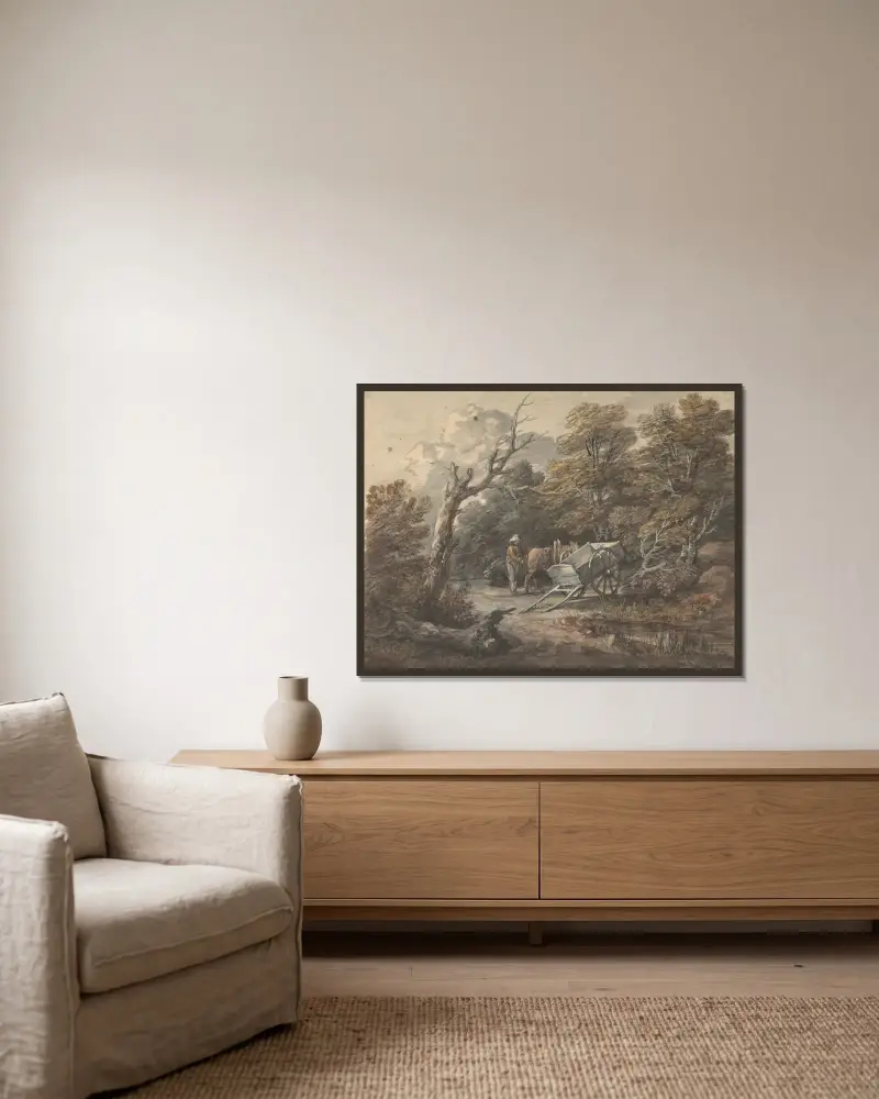 Skogslandskap med bonde, häst och kärra av Thomas Gainsborough inramad på en vägg