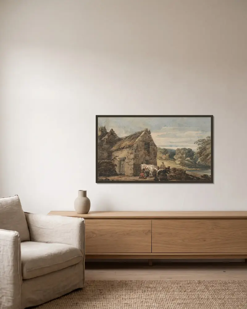 Stuga nära Newcastle, Northumberland av Thomas Girtin inramad på en vägg