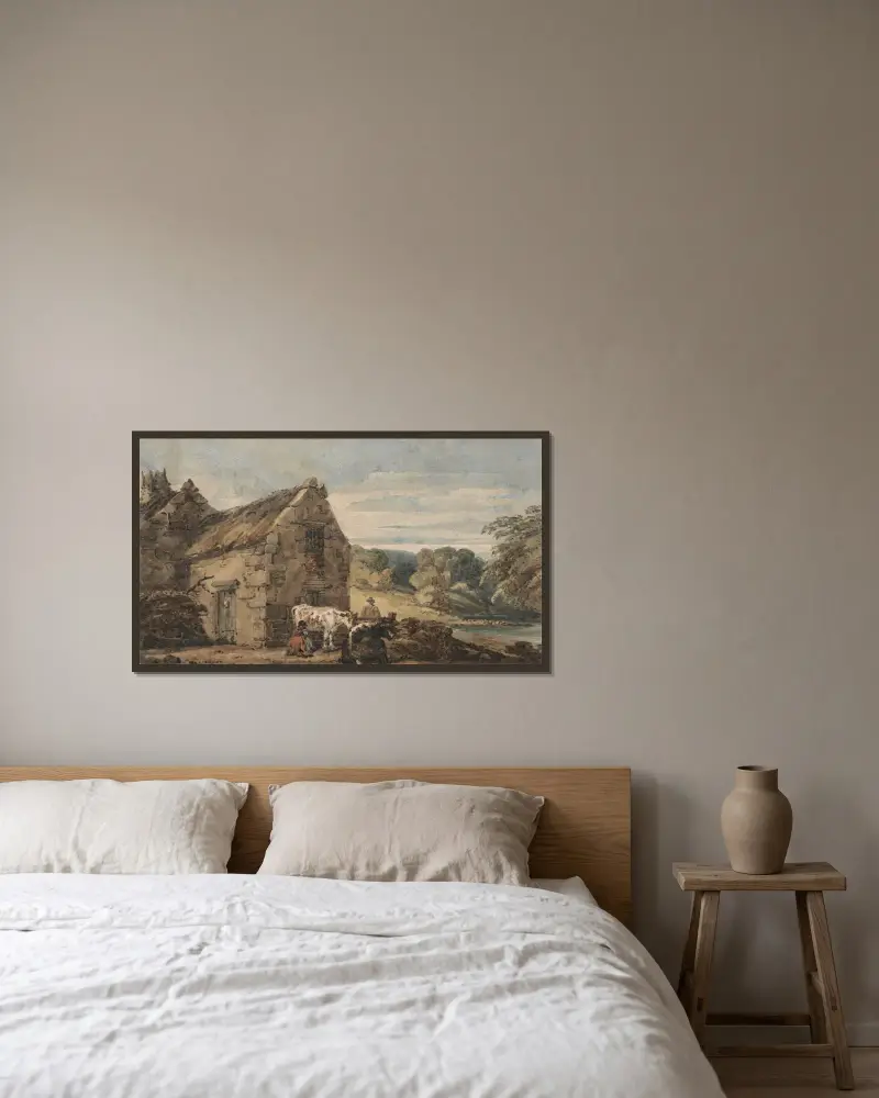 Stuga nära Newcastle, Northumberland av Thomas Girtin inramad på en vägg