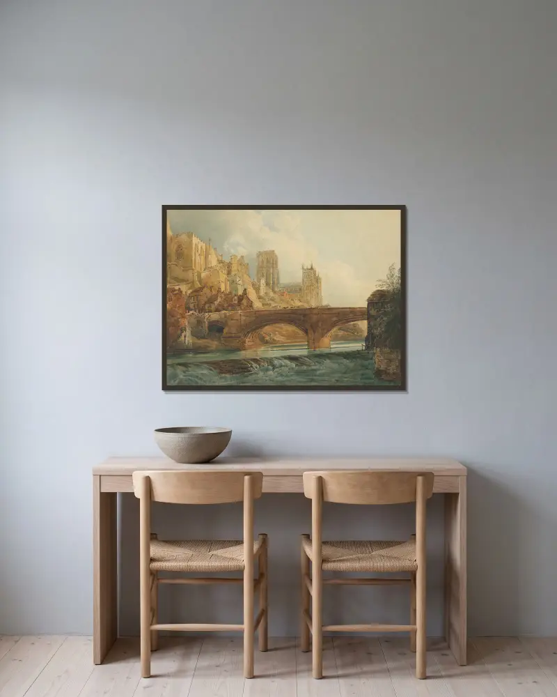 Durham Cathedral and Castle av Thomas Girtin inramad på en vägg