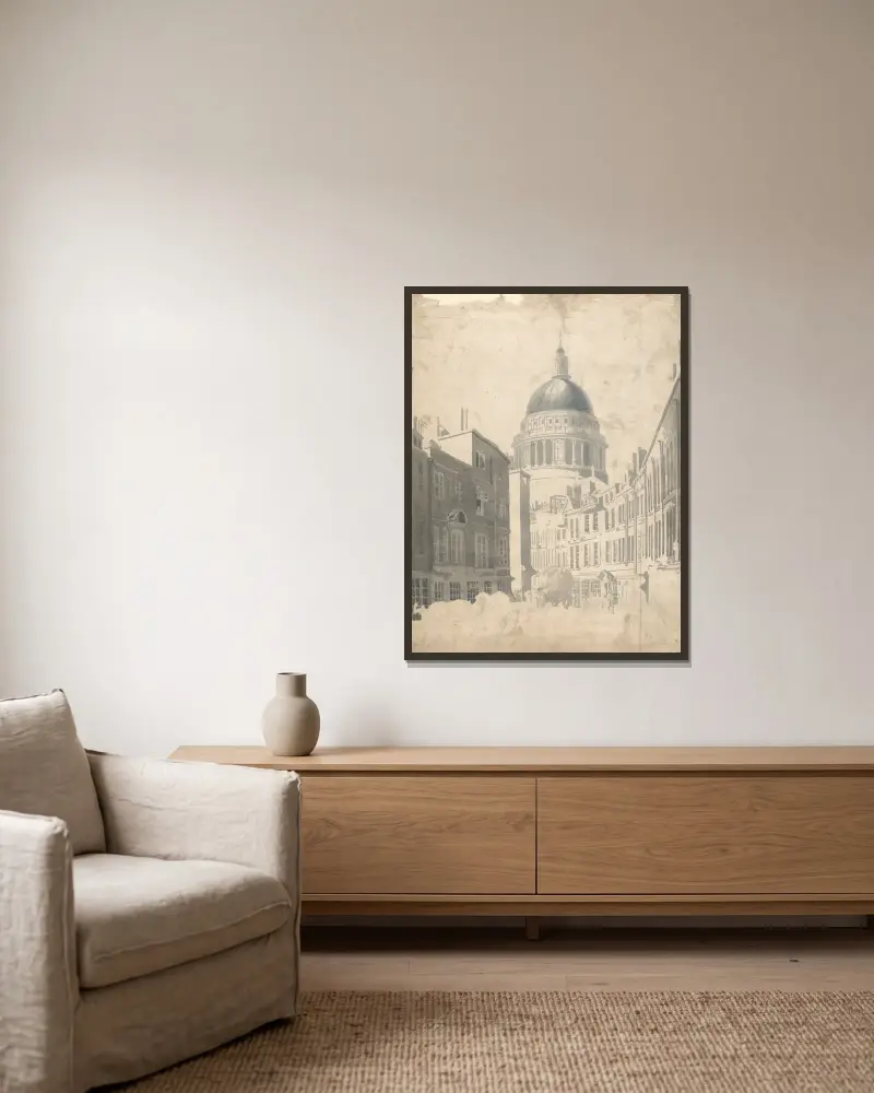 St. Paul's Cathedral, vom St. Martin's-le-Grand aus, London von Thomas Girtin gerahmt an einer Wand