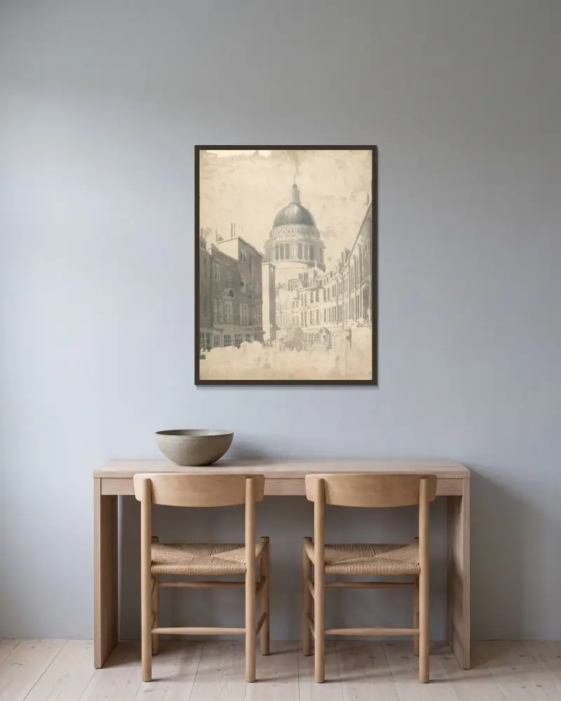 St. Paul's Cathedral, vom St. Martin's-le-Grand aus, London von Thomas Girtin gerahmt an einer Wand