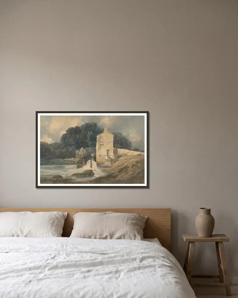The Abbey Mill, Knaresborough av Thomas Girtin inramad på en vägg