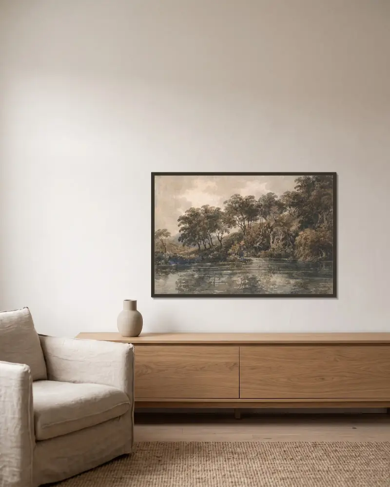 Bäume und Teich bei Bromley, Kent von Thomas Girtin gerahmt an einer Wand