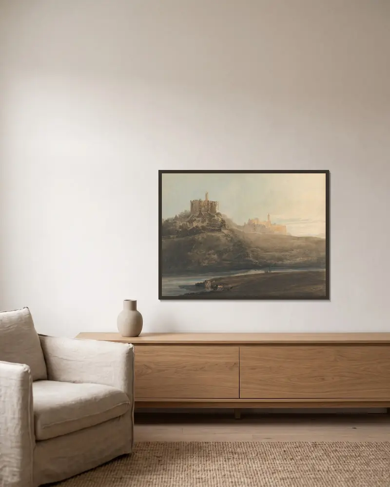 Warkworth Castle, Northumberland av Thomas Girtin inramad på en vägg