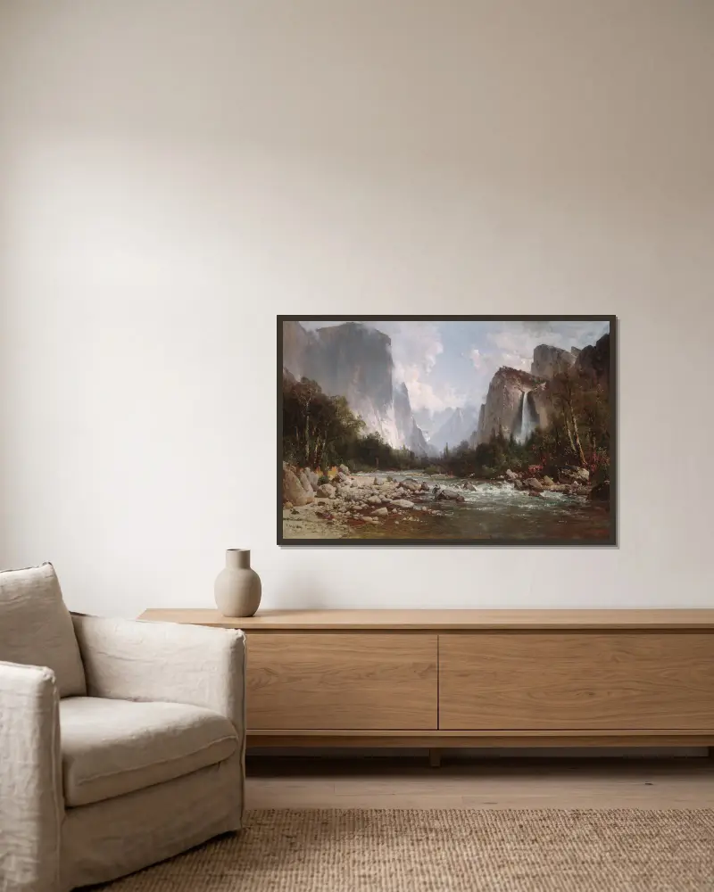 Vy över Yosemitedalen av Thomas Hill inramad på en vägg