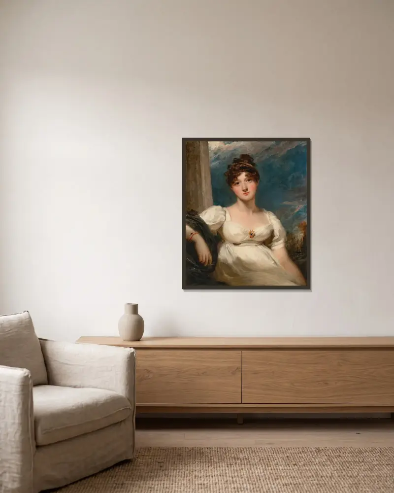 Porträtt av Charlotte Augusta Oom, född Papendiek av Thomas Lawrence inramad på en vägg
