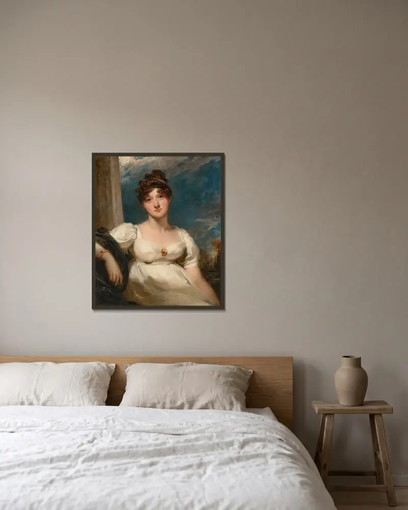 Porträtt av Charlotte Augusta Oom, född Papendiek av Thomas Lawrence inramad på en vägg