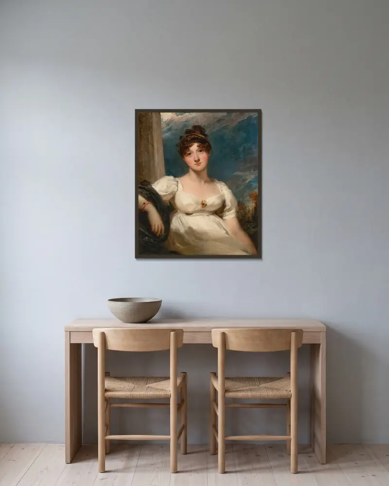 Porträtt av Charlotte Augusta Oom, född Papendiek av Thomas Lawrence inramad på en vägg