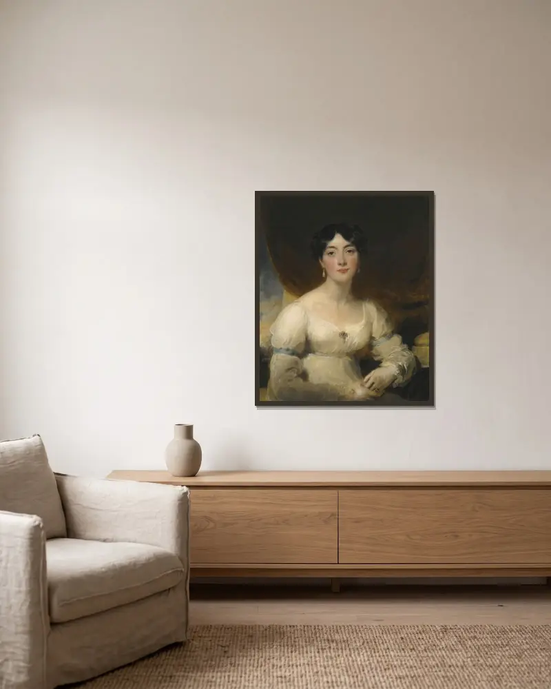 Porträtt av Elizabeth, Mrs Horsley Palmer (d. 1839), hustru till John Horsley Palmer of Hurlingham, Fulham av Sir Thomas Lawrence inramad på en vägg