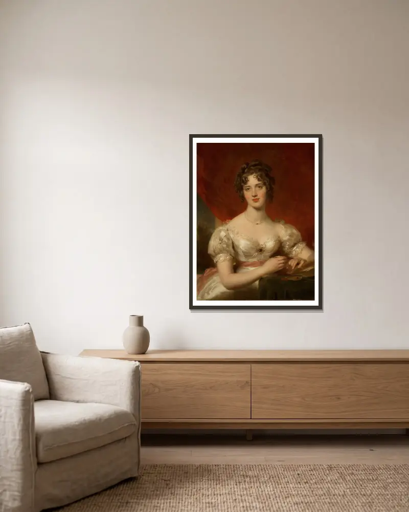 Portrait Of Mary Anne Bloxam (Later Mrs. Frederick H. Hemming) av Sir Thomas Lawrence inramad på en vägg