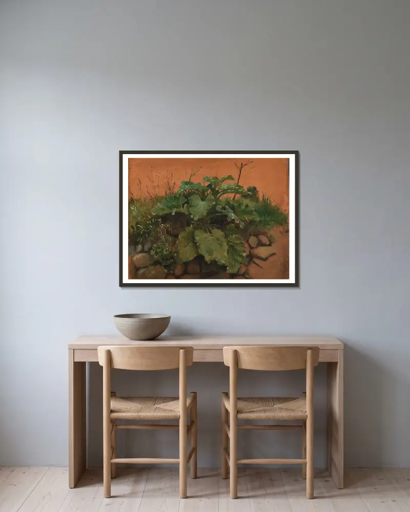 A Burdock And Other Plants On A Stone Wall av Johan Thomas Lundbye inramad på en vägg
