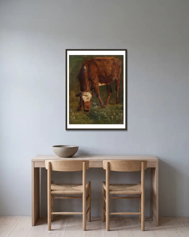 Weidende rote Färse. Studie von Johan Thomas Lundbye gerahmt an einer Wand