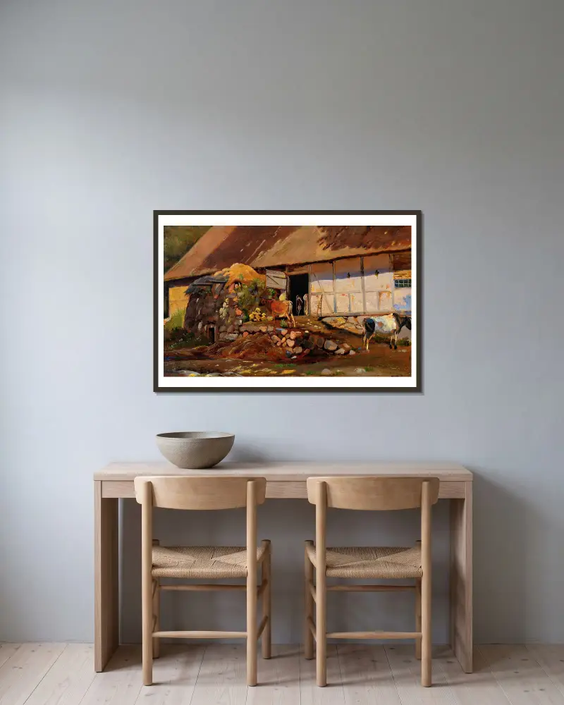 Außerhalb des Kuhstalls von Johan Thomas Lundbye gerahmt an einer Wand