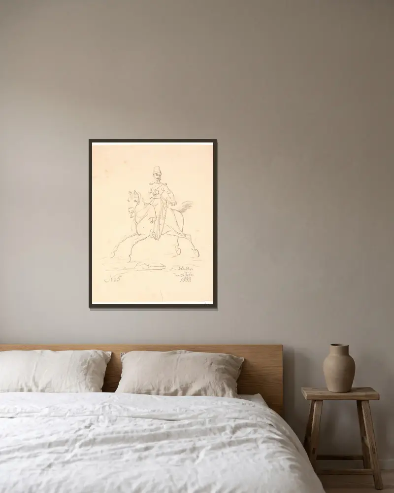Soldat til hest, vendt mod venstre av Johan Thomas Lundbye inramad på en vägg