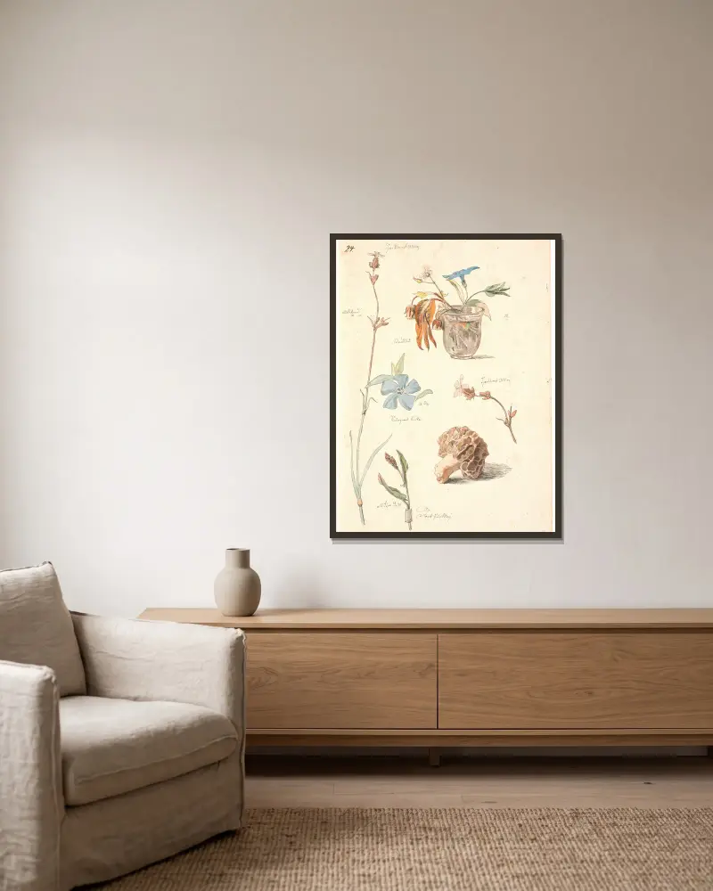 Studieblad med blomster og planter av Johan Thomas Lundbye inramad på en vägg