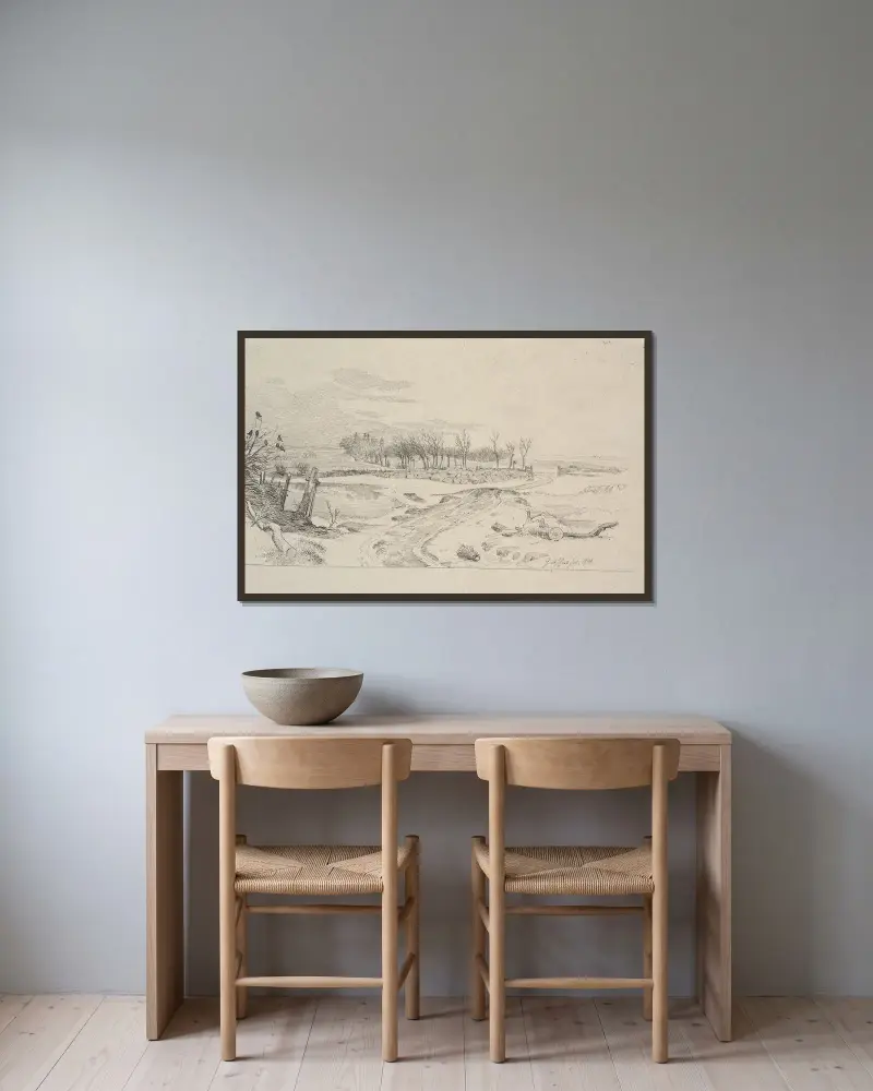 Vinterlandskap med en väg som slingrar sig över fälten genom en öppning i en stengärdsgård av Johan Thomas Lundbye inramad på en vägg