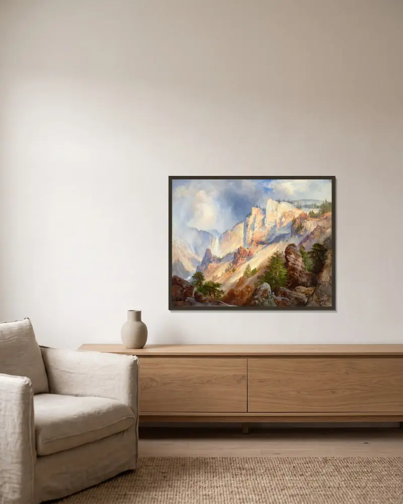 En övergående regnskur i Yellowstone Cañon av Thomas Moran inramad på en vägg