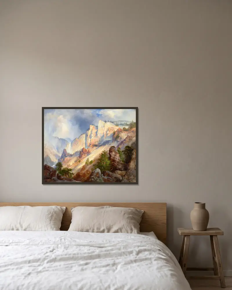 En övergående regnskur i Yellowstone Cañon av Thomas Moran inramad på en vägg