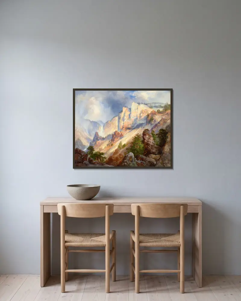 En övergående regnskur i Yellowstone Cañon av Thomas Moran inramad på en vägg