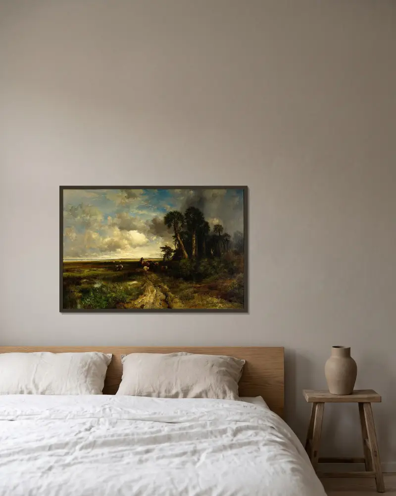 Att föra hem boskapen – Floridas kust av Thomas Moran inramad på en vägg