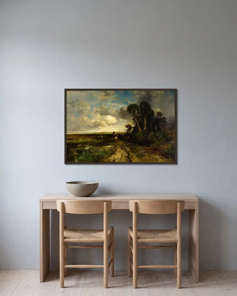 Att föra hem boskapen – Floridas kust av Thomas Moran inramad på en vägg
