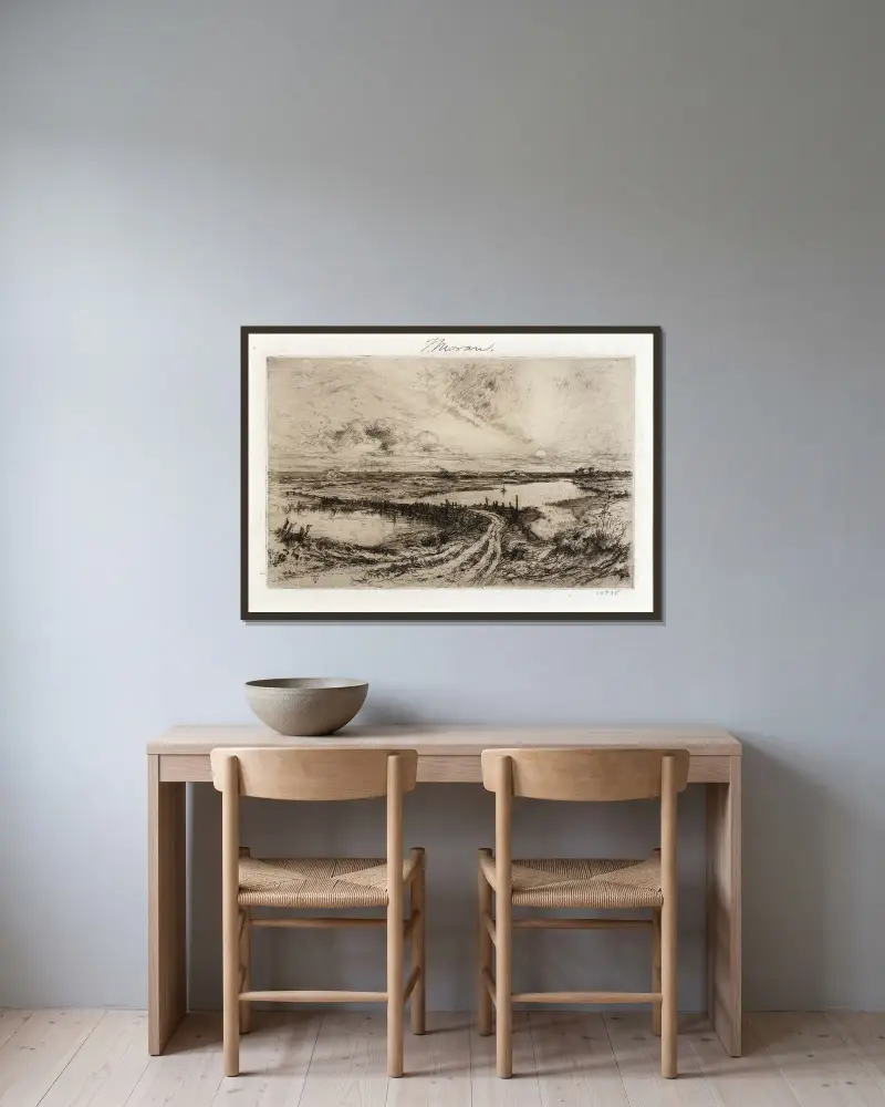 Dammen vid Hook Pond och den gamla bron av Thomas Moran inramad på en vägg