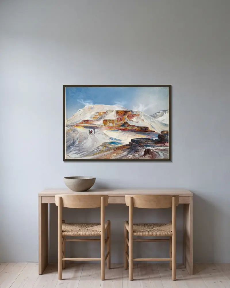Varma källor vid Gardiners River, Yellowstone av Thomas Moran inramad på en vägg