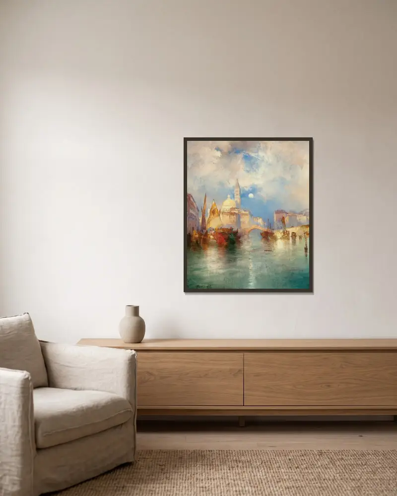 Månuppgång, Chioggia, Venedig av Thomas Moran inramad på en vägg